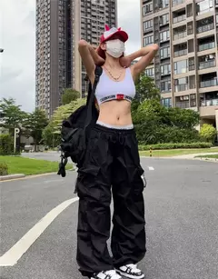Y2k pára-quedas calças pretas mulheres hippie streetwear bolsos grandes calças de carga harajuku perna larga baggy sweatpants