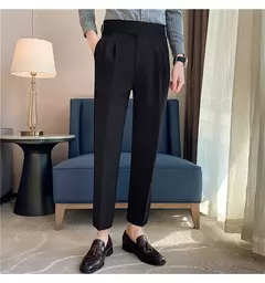 Estilo britânico dos homens de cintura alta vestido casual calça masculina cinto design calças finas formal escritório social vestido de festa de casamento terno calças
