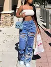 Jeans rasgado de perna reta feminina, calça folgada, bolso com aba, calça jeans hip-hop, moda de rua vintage