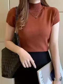 Camiseta feminina com gola meia-alta, blusa casual, estilo coreano, elegante, roupa de cor sólida, primavera e verão, moda - comprar online