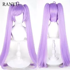 Roxo longo reto sintético duplo rabo de cavalo clipe peruca com franja anime jogo cosplay peruca fofa para festa diária