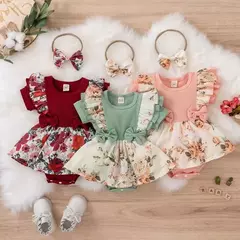 Vestido para a menina do verão, macacão listrado, roupa do algodão, projeto floral, para o recém-nascido - comprar online