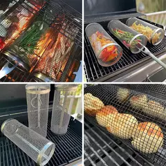 Cesta De Churrasqueira De Aço Inoxidável, Cilindro De Malha De Arame Redondo, Rolando Grelhar Cesta, Cremalheira portátil para churrasco de acampamento ao ar livre na internet