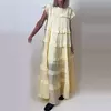 Vestido feminino plissado com babados de férias, vestido solto feminino casual com decote em O, manga curta, robe de cintura alta, nova moda verão