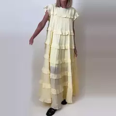 Vestido feminino plissado com babados de férias, vestido solto feminino casual com decote em O, manga curta, robe de cintura alta, nova moda verão
