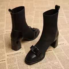 Imagem do Botas de malha para mulheres, botas curtas de emagrecimento, sapatos de salto grosso, decoração metálica, moda feminina, outono, inverno