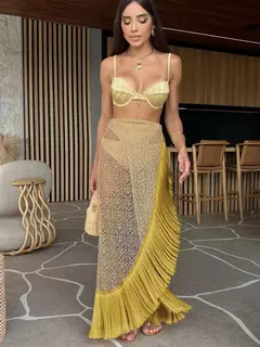 Conjunto de biquíni de três peças, sutiã acolchoado, borla, saia de praia de cintura alta, maiô de verão, moda sexy, monocromático na internet