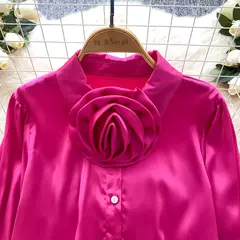 Elegante cetim tridimensional flor manga longa lapela blusa chique vintage moda colheita topo feminino camisas de outono roupas - loja online