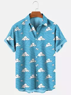 Camisa de botão de impressão 3D com padrões de nuvens e ondas, lapela manga curta, roupa unissex, tops casuais, férias de verão, nova na internet