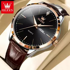 OLEVS-Relógio Quartz Masculino, Relógio de Pulso em Couro, Big Dial, Calendário Duplo, Impermeável, Luminoso, Top Brand, Moda, 2935, 43mm