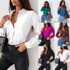 Blusa de botões manga longa feminina, camisa branca casual, tops de escritório, moda feminina, monocromática, primavera, outono, 2023 na internet