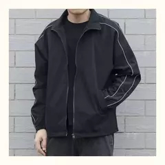 Blusão solto de retalhos masculino com bolsos, jaqueta bomber, zíper listrado, gola alta, impermeável, esportes ao ar livre, casual, outono - loja online