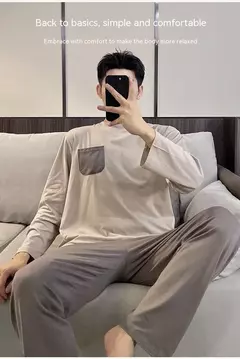 Pijama masculino de malha de algodão, simples Homewear lazer, gola redonda, loungewear sólido, tamanho grande, pulôver esportivo, novo - comprar online