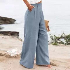 Calça larga de linho de algodão feminina, comprimento total, casual, monocromática, solta, cintura alta, reto, botão, verão