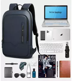 Mochila HK Slim para Homens, Sacos de Laptop, Impermeável, Minimalista, Negócios, Carregamento USB, Casual, Viagem, Trabalho, 15,6";;VERDADEIRO;;"8228-Black