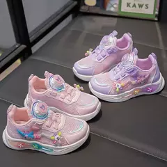 Imagem do Desenhos animados infantis Anime Kuromi calçados esportivos, malha, fofo, moinho de vento, casual, botão rotativo, tênis, meninas, crianças, moda