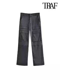 Imagem do TRAF-Calça feminina de cetim cargo com bolsos, vintage, cintura alta, mosca com zíper, calça feminina, moda