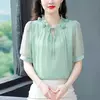 Chiffon blusa com gola pétala para as mulheres, blusa solta e casual, meia manga, gravata borboleta, nova moda, primavera verão, tamanho m a 4xl, 2024