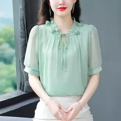 Chiffon blusa com gola pétala para as mulheres, blusa solta e casual, meia manga, gravata borboleta, nova moda, primavera verão, tamanho m a 4xl, 2024
