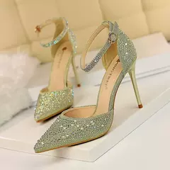 Mulheres Sexy 10cm Sandálias De Salto Alto Do Casamento Glitter Saltos De Noiva Champanhe Bombas De Ouro Fetiche Stiletto Crystal Glitter Strap Shoes - comprar online