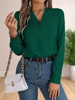 Imagem do Vestido feminino de manga comprida em camadas com decote em v, tops de trabalho, roupa de escritório, blusa empresarial, 2024