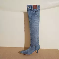 Dedo apontado sobre as botas do joelho para mulheres, bombas de jeans jeans, sapatos sexy estilete, designer de moda, inverno, 2024 - loja online