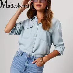 Camisa jeans fina de peito único feminina, bolso de emenda, manga longa, tops de lapela, confortável, blusa casual para mulheres, outono - comprar online