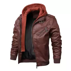 Nova moda masculina street wear jaquetas de couro da motocicleta chapéu destacável jaquetas de couro com capuz fino casacos de couro casuais 5xl - comprar online