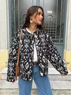 Casaco de algodão estampado de peito único feminino, bolsos elegantes, jaqueta de mangas compridas, streetwear com gola O, moda senhora, outono, inverno, 2024 - comprar online