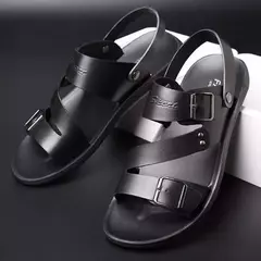 Imagem do Sandálias masculinas de couro aberto PU, sandálias simples de cor sólida, sapatos de praia macios, sapatos casuais confortáveis, verão