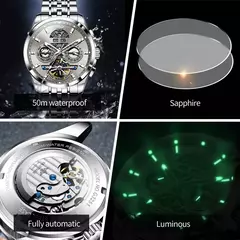 OUPINKE-Relógio mecânico totalmente automático masculino, relógio de pulso luminoso, calendário ano mês safira, marca de luxo superior na internet