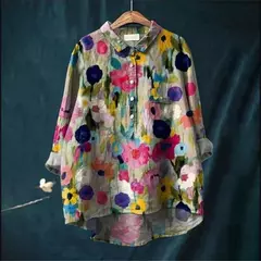 Sardinha de peixe retrô casual feminina arte camisa de bolso manga longa, camisas estampadas estilo havaiano, tops com gola v, verão - Wolf Magazine