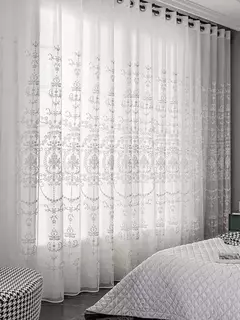 Sheer bordados Floral Cortinas Voile para sala e quarto, cortinas brancas