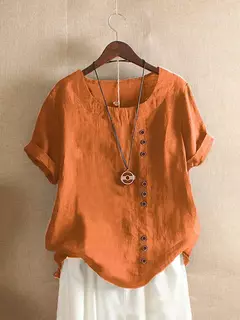 Top feminino de algodão e linho verão casual solto botão manga curta cor sólida pulôver blusa femme blusas - loja online