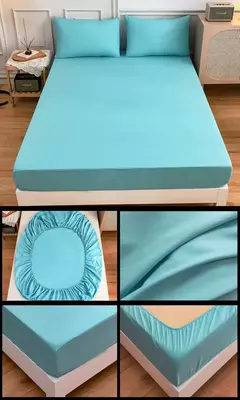 Kuup-Poliéster Equipado lençol e fronhas, monocromático, elástico, em torno da tampa do colchão, cama queen size, 3pcs - loja online