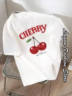 Camiseta de algodão estampa cereja feminina, tops com gola O, camiseta gráfica floral, manga curta, roupa feminina, streetwear casual, moda verão - Wolf Magazine