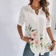 Temperamento casual rendas mulher camisa moda solta camisa mulher elegante manga curta blusa férias fim de semana - loja online