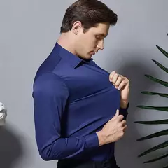 Camisa elástica de manga comprida masculina, camisa gola alta, sem engomar, vestido de negócios, traje profissional de trabalho