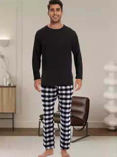 Conjunto de pijama xadrez solto masculino, tops casuais, Homewear