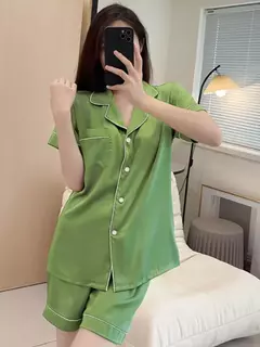 Conjuntos de pijama de seda falsa feminino, pijamas sólidos, noite para dormir, roupas de casa, moda coreana, 2 peças, verão na internet