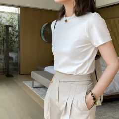 Camisa de base elástica slim fit feminina, 100% algodão, manga curta, gola redonda, moda, verão - comprar online