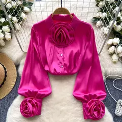 Elegante cetim tridimensional flor manga longa lapela blusa chique vintage moda colheita topo feminino camisas de outono roupas