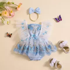 Vestido de princesa Chiffon para bebês, macacão, guarnição de renda, borboleta, roupas infantis, manga voadora, saia de tule, bodysuits bainha, bandana na internet