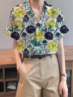 Camisa feminina colorida em 3D com estampa floral, tops de manga curta, botão, gola elegante, primavera e outono, 2024 - Wolf Magazine