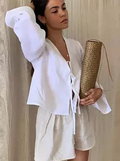 Camisas femininas com laço de linho e algodão com renda, blusa solta de manga longa com decote V profundo, blusa casual feminina, primavera e verão na internet