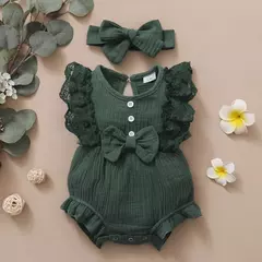 0-18 meses do bebê recém-nascido menina liso macio bodysuit laço queimado manga verão macacão com bandana da criança roupas da menina do bebê - Wolf Magazine