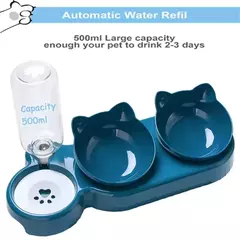 Alimentador triplo para animais de estimação, tigelas duplas 2 em 1 com garrafa automática, design inclinado e giratório para gatos e cães - loja online