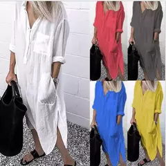 Vestido longo de linho de algodão feminino, branco, oversize, casual, simples, cor pura, divisão, praia, verão, elegante, S-4X