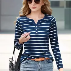Blusa com decote em v estampada listrada para mulheres, camisas de manga comprida, tops casuais para senhora, primavera e outono na internet