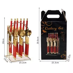 Louça de aço inoxidável com contas duplas, Rack com alça de plástico, faca de bife, garfo e colher, presentes high-end, 24PCs - Wolf Magazine